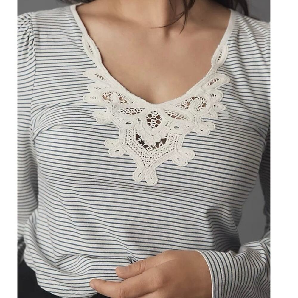Anthropologie Cream Lace V-Neck Striped Long Sleeve Tee